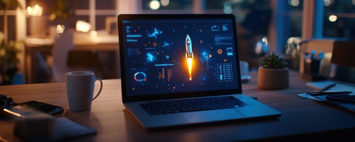 Разработка сайтов Yellow Click: иллюстрация ноутбука с ракетой на экране